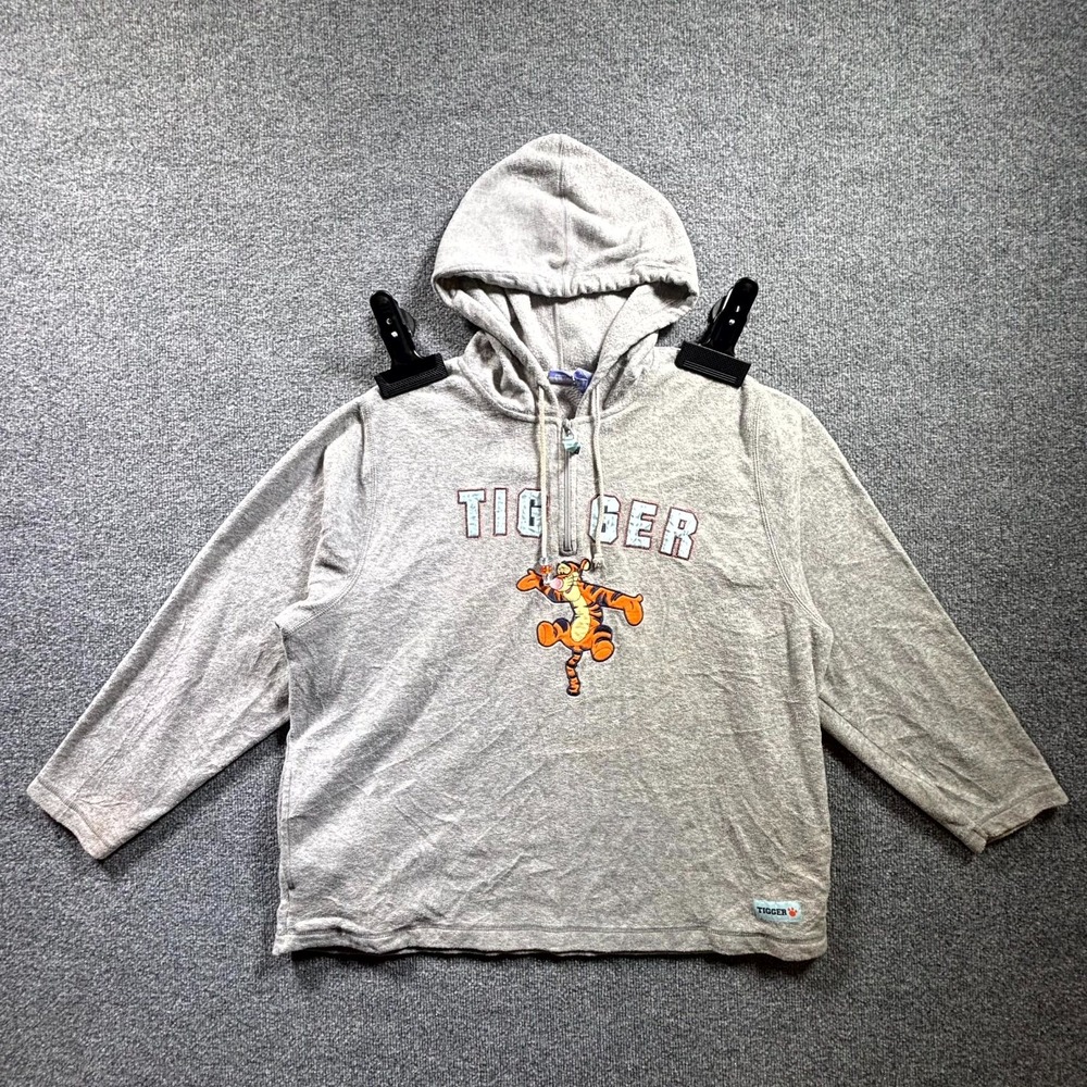 Disney Tigger Hoodie Men Large Gray Fleece 1/4 Zip Drawstring Side Pockets Retro